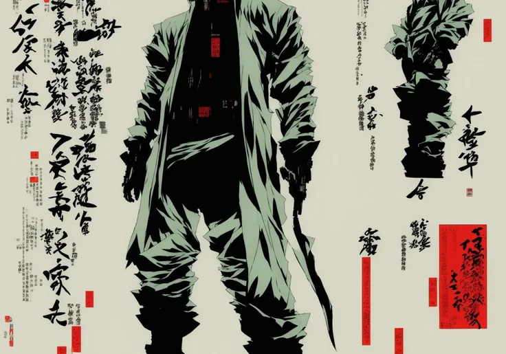 Kanji, realistic cyberpunk hacker man 6VKAN, wearing a cyberpunk trenchcoat, cyberpunk architecture mega city, KANv3