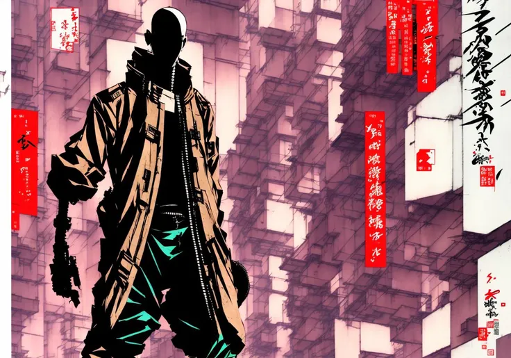 Kanji, realistic cyberpunk hacker man KANv6, wearing a cyberpunk trenchcoat, cyberpunk architecture mega city, KANv3