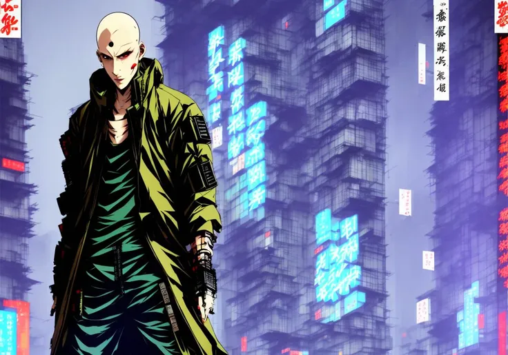 Kanji, realistic cyberpunk hacker man KANv6, wearing a cyberpunk trenchcoat, cyberpunk architecture mega city, KANv3