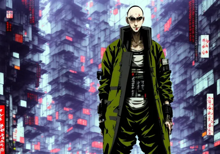 Kanji, realistic cyberpunk hacker man KANv6, wearing a cyberpunk trenchcoat, cyberpunk architecture mega city, KANv3