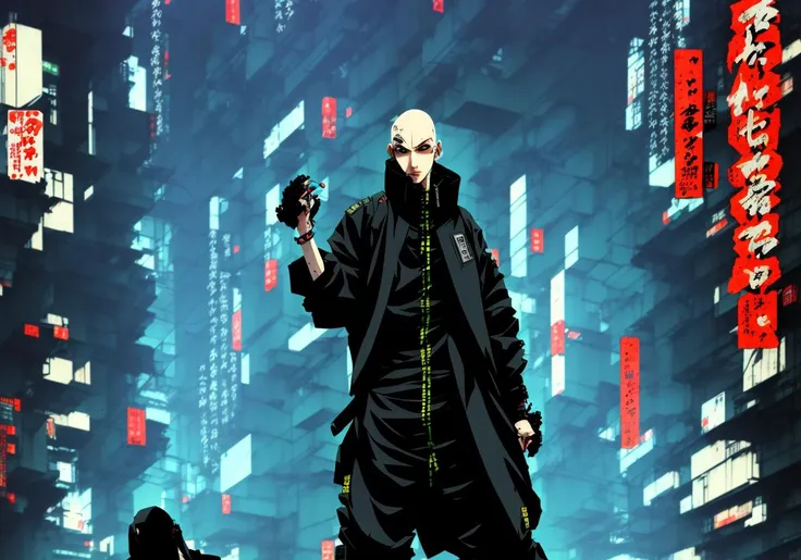 Kanji, realistic cyberpunk hacker man KANv6, wearing a cyberpunk trenchcoat, cyberpunk architecture mega city, KANv3