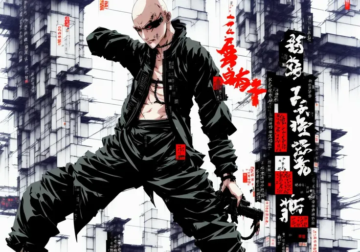 Kanji, realistic cyberpunk hacker man KANv6, wearing a cyberpunk trenchcoat, cyberpunk architecture mega city, KANv3