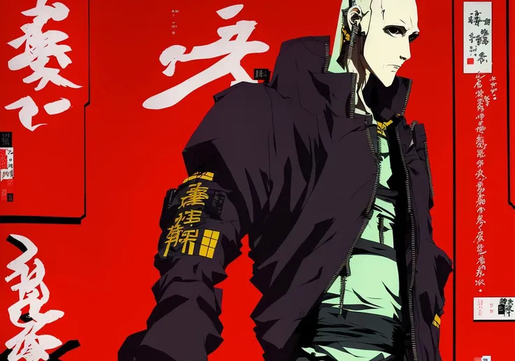 Kanji, realistic cyberpunk hacker man KANv6, wearing a cyberpunk trenchcoat, cyberpunk architecture mega city, KANv3