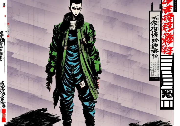 Kanji, realistic cyberpunk hacker man KANv6, wearing a cyberpunk trenchcoat, cyberpunk architecture mega city, KANv3