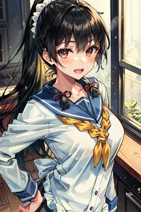 (masterpiece, best quality, illustration, delicate details, 8K:1.2), (studio light, best shadow, picturesque),
BREAK, (sharp eyeliner, (symmetric eyes, perfect eyes, detailed eyes), finely detailed beautiful face, perfect anatomy), red eyes,
BREAK, nice hands, perfect hands, hand by Guido Daniele,
BREAK, 1girl, solo,
BREAK, IsokazeKC, serafuku, (two-vertical line serafuku), long sleeves, (grey) pleated skirt, (blue) sailor collar, (asymmetrical legwear, single sock, single kneehigh), (white) gloves, tress ribbon,
BREAK, ((ponytail, scrunchie, kappougi, apron)),
BREAK, (upper body shot, head and shoulder, face close up), facing to viewer, looking at viewer, (standing, indoor, kitchen, arm on hip), (open mouth, smile),
BREAK, <lora:add_detail:0.6>, <lora:eyes:0.5>, <lyco:hands:1>, <lora:Isokaze-10:0.9>