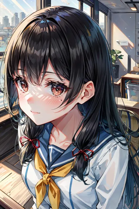 (masterpiece, best quality, illustration, delicate details, 8K:1.2), (studio light, best shadow, picturesque),
BREAK, (sharp eyeliner, (symmetric eyes, perfect eyes, detailed eyes), finely detailed beautiful face, perfect anatomy), red eyes,
BREAK, nice hands, perfect hands, hand by Guido Daniele,
BREAK, 1girl, solo,
BREAK, IsokazeKC, serafuku, (two-vertical line serafuku), long sleeves, (grey) pleated skirt, (blue) sailor collar, (yellow) neckerchief, (asymmetrical legwear, single sock, single kneehigh), (white) gloves, tress ribbon,
BREAK, upper body shot, (face close-up), head and shoulder, looking at viewer, (standing, indoor, office), smile,
BREAK, <lora:add_detail:0.6>, <lora:eyes:0.5>, <lyco:hands:1>, <lora:Isokaze-10:0.9>