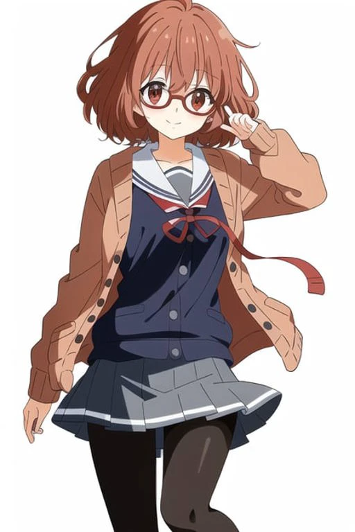 masterpiece,best quality, ultra-detailed, detailed face, 1girl, Kuriyama Mirai, standing, brown_shoes, black_legwear, blue_skirt, smile, brown_hair, cardigan, glasses, kuriyama_mirai, motion_lines, open_cardigan, open_clothes, pantyhose, ((white_background)), pleated_skirt, red-framed_eyewear, school_uniform, serafuku, short_hair, skirt, solo, <lora:Mirai:0.5>