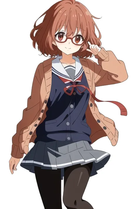 masterpiece,best quality, ultra-detailed, detailed face, 1girl, Kuriyama Mirai, standing, brown_shoes, black_legwear, blue_skirt, smile, brown_hair, cardigan, glasses, kuriyama_mirai, motion_lines, open_cardigan, open_clothes, pantyhose, ((white_background)), pleated_skirt, red-framed_eyewear, school_uniform, serafuku, short_hair, skirt, solo, <lora:Mirai:0.5>