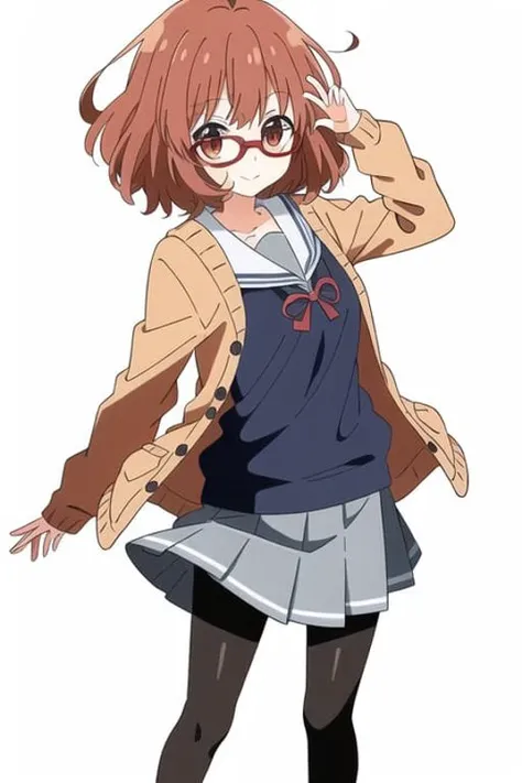 masterpiece,best quality, ultra-detailed, detailed face, 1girl, Kuriyama Mirai, standing, brown_shoes, black_legwear, blue_skirt, smile, brown_hair, cardigan, glasses, kuriyama_mirai, motion_lines, open_cardigan, open_clothes, pantyhose, ((white_background)), pleated_skirt, red-framed_eyewear, school_uniform, serafuku, short_hair, skirt, solo,  <lora:Mirai:0.5>