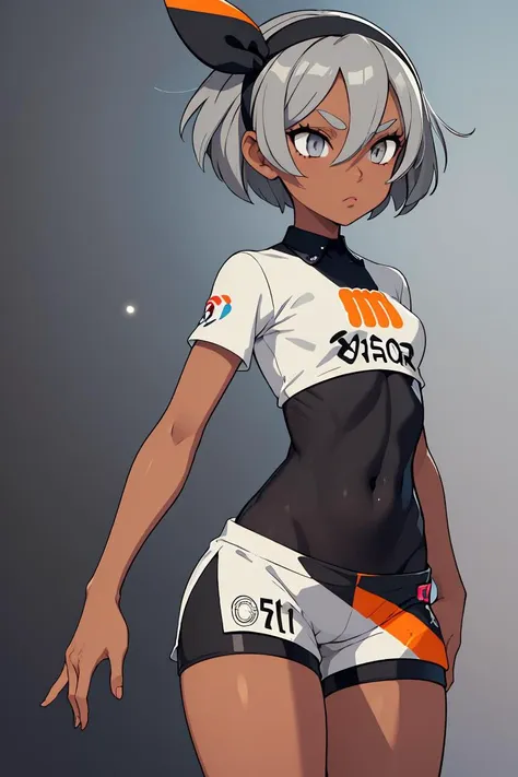 (masterpiece, best quality), 1girl,  <lora:bea_pokemon:1> bea_pokemon, grey hair, grey eyes, hairband, black hairband, dark skin, dark-skinned female, shirt, short sleeves, bodysuit, black bodysuit, shorts, bodysuit under clothes