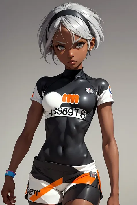 (masterpiece, best quality), 1girl,  <lora:bea_pokemon:1> bea_pokemon, grey hair, grey eyes, hairband, black hairband, dark skin, dark-skinned female, shirt, short sleeves, bodysuit, black bodysuit, shorts, bodysuit under clothes