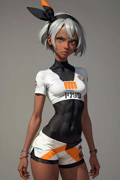 (masterpiece, best quality), 1girl,  <lora:bea_pokemon:1> bea_pokemon, grey hair, grey eyes, hairband, black hairband, dark skin, dark-skinned female, shirt, short sleeves, bodysuit, black bodysuit, shorts, bodysuit under clothes