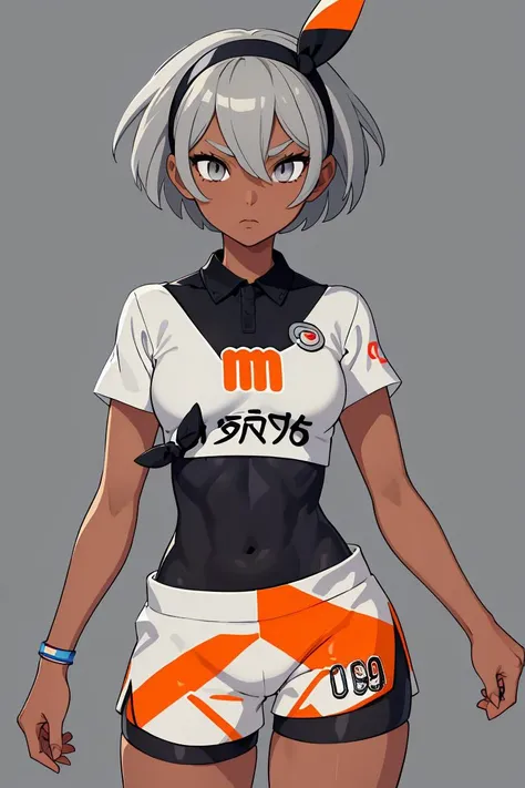 (masterpiece, best quality), 1girl,  <lora:bea_pokemon:1> bea_pokemon, grey hair, grey eyes, hairband, black hairband, dark skin, dark-skinned female, shirt, short sleeves, bodysuit, black bodysuit, shorts, bodysuit under clothes