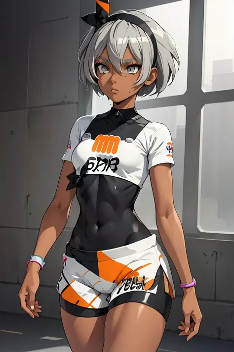 (masterpiece, best quality), 1girl,  <lora:bea_pokemon:1> bea_pokemon, grey hair, grey eyes, hairband, black hairband, dark skin, dark-skinned female, shirt, short sleeves, bodysuit, black bodysuit, shorts, bodysuit under clothes