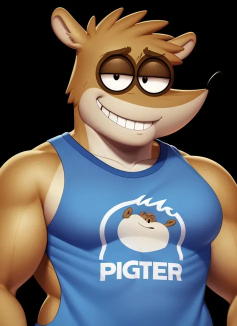 rigby, furry male, solo, raccoon boy, (best quality), muscular, looking at viewer, snout, smile, portrait, tank top, (gym background:1.2), grin, cinematic lighting, <lora:rigby-v1B:1>