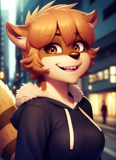 rigby, furry female anthro, raccoon girl, portrait, close-up, (hoodie:1.1), solo, (body fur:1.2), (best quality), (detailed urban background:1.2), dramatic lighting, (detailed fluffy fur:1.1), looking at viewer, medium breasts, smile, tongue, (straight-on:1.2), <lora:rigby-v1B:1>