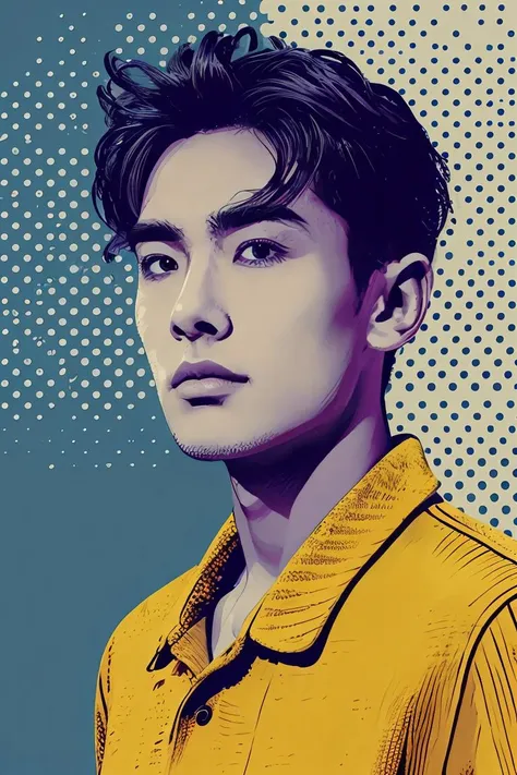 pop art,1man,male solo,upper body,looking at viewer,bule background,<lora:pop_art_style_v11:0.7>,