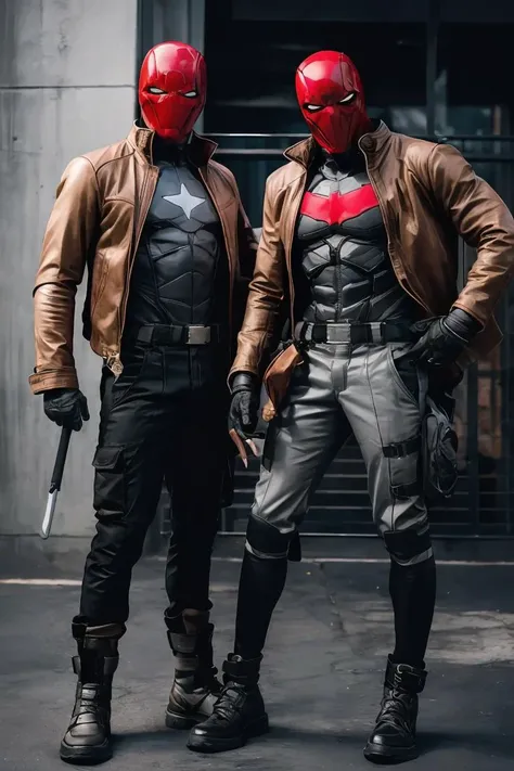 <lora:more_details:0.3>,<lora:GoodHands-beta2:1>,masterpiece,best quality,rhdc, full body view, a man, red helmet, brown leather jacket, gray skintight suit, black gloves, belt, red bat symbol, cargo pants, boots, 8k, 16k, masterpiece, <lora:rhdc:0.7>