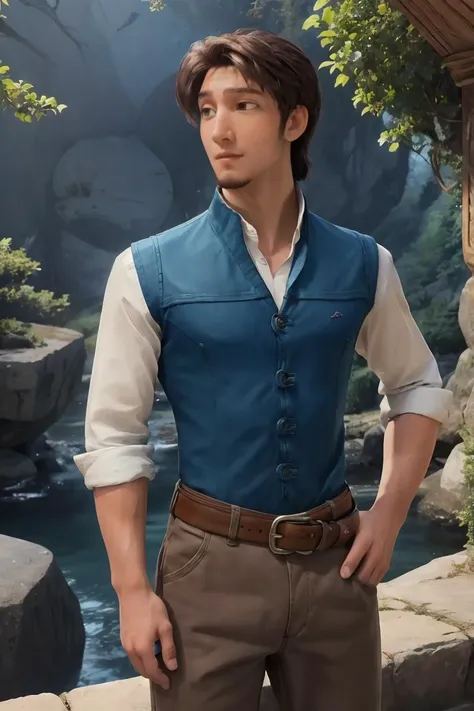 <lora:more_details:0.3>,<lora:GoodHands-beta2:1>,masterpiece,best quality:1.2,flynn_rider,muscular,brown hair,goatee,shirt,sleeves rolled up,blue vest,landscape,belt,pants,looking at you,<lora:flynn_rider:0.65>,