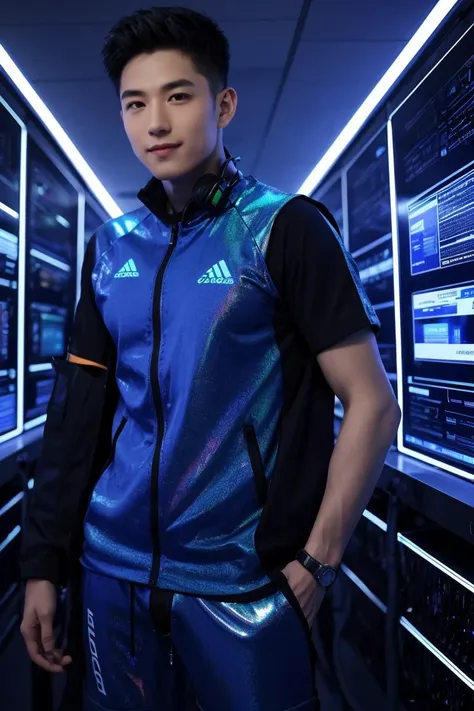 <lora:more_details:0.3>,<lora:GoodHands-beta2:1>,masterpiece,best quality:1.2,high detail,1 male,handsome,muscular male,looking at viewer,solo,(full body:0.6),detailed background,detailed face,hacker,smirk,advanced technology,techwear,cables,(holographic display:1.05),computer,server room in background,orange lights,