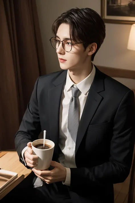 <lora:more_details:0.3>,<lora:GoodHands-beta2:1>,masterpiece,best quality,1man,20 years- old,wearing long-sleeve white shirt and tie,muscular rand black suit,glasses,drinking coffee,soft lighting,8k uhd,dslr,film grain,Fujifilm XT3 photorealistic painting art by midjourney and greg rutkowski,