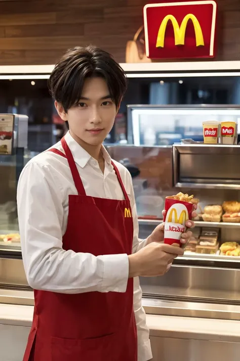 <lora:more_details:0.3>,<lora:GoodHands-beta2:1>,masterpiece,photograph,analog,filmic,upper body,(handsome:0.8),cute man mcdonald's employee,behind the counter,looking at viewer,
