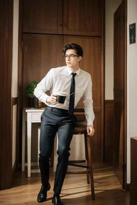 <lora:more_details:0.3>,<lora:GoodHands-beta2:1>,masterpiece,best quality,1man,25 years- old,full body,wearing long-sleeve white shirt and tie,muscular rand black suit,glasses,drinking coffee,soft lighting,8k uhd,dslr,film grain,Fujifilm XT3 photorealistic painting art by midjourney and greg rutkowski,