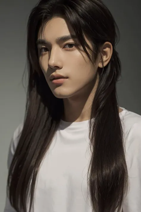 (8k, RAW photo, best quality, masterpiece:1.2), (realistic, photo-realistic:1.37), ultra-detailed, (high detailed skin:1.2), 8k uhd, dslr, soft lighting, high quality, film grain, Fujifilm XT3, professional lighting, handsome 1man ,pale skin, gray eyes, (brunette black long hair:1.3) brutal <lora:PrettyBoyV2:0.8>