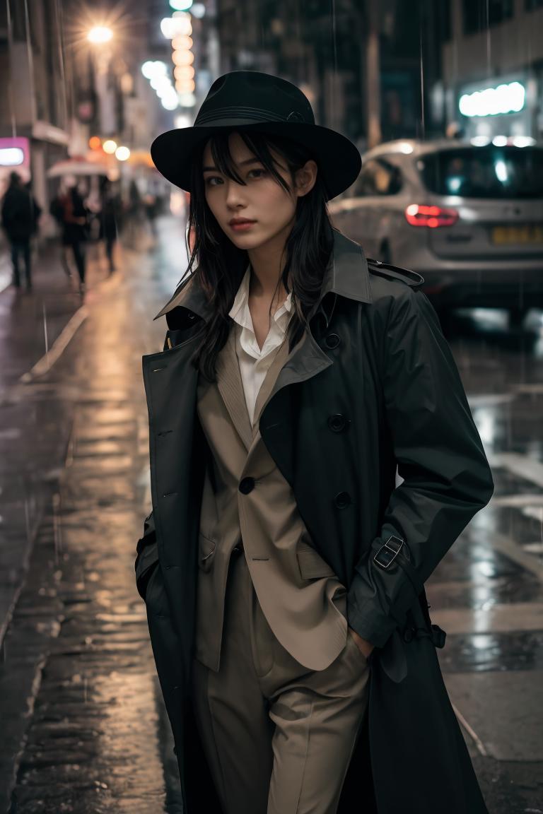 Arafed woman in a black hat and trench coat standing on a city street ...