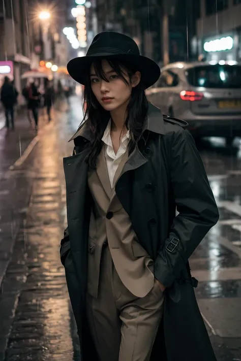 <lora:more_details:0.3>,masterpiece,best quality,essence of wanderlust and fashion in a moody street portrait,candidly depict a stylish individual in a trench coat and fedora,embracing the rain-soaked city streets,