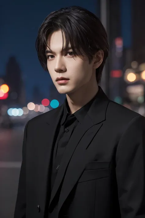 (best quality, masterpiece, official art, highres:1.2), extremely detailed CG unity 8k wallpaper, closeup face photo of caucasian man in black clothes, night city street, bokeh