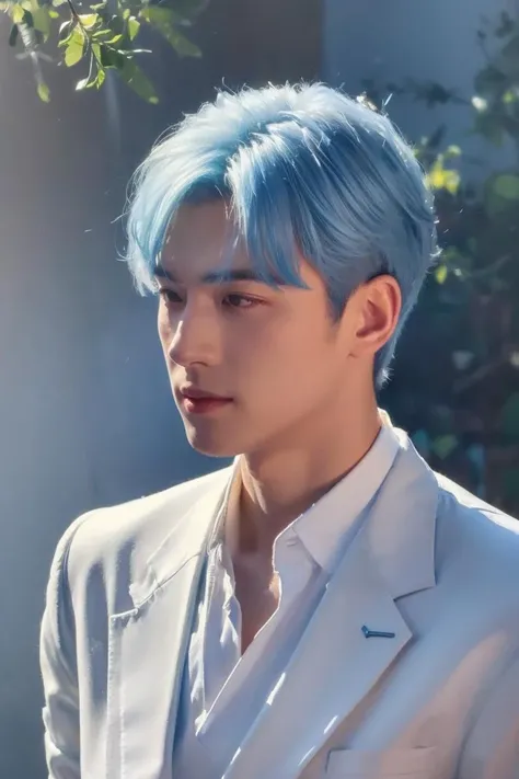 (OIL PAINTING),(IMPRESSIONISM),<lora:bichu-v0612 :0.8>,best quality,masterpiece,highres,realistic,(depth of field|amusement park),1male,upper body,(bouquet|blue rose),(white hair|blue hair),white suit,short hair,hair slicked back,melowh,:>,handsome,