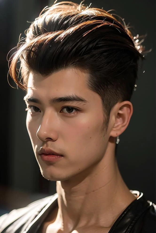 (masterpiece, best quality:1.3), realistic, 1man, upper body, short hair, (Pompadour:1.3),