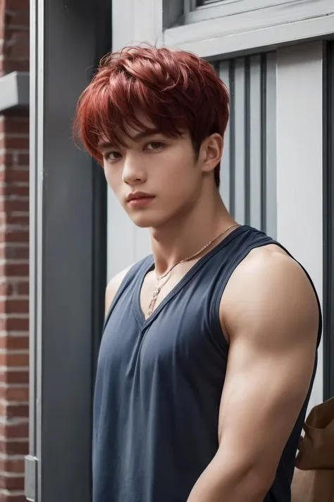 <lora:more_details:0.3>,<lyco:GoodHands-beta2:1>,masterpiece, best quality:1.2,high detail,1 male,handsome,muscular male, bare upper body ,sport swear,street ,  looking at viewer, manly, short hair,dyed red hair,Ambient Occlusion,