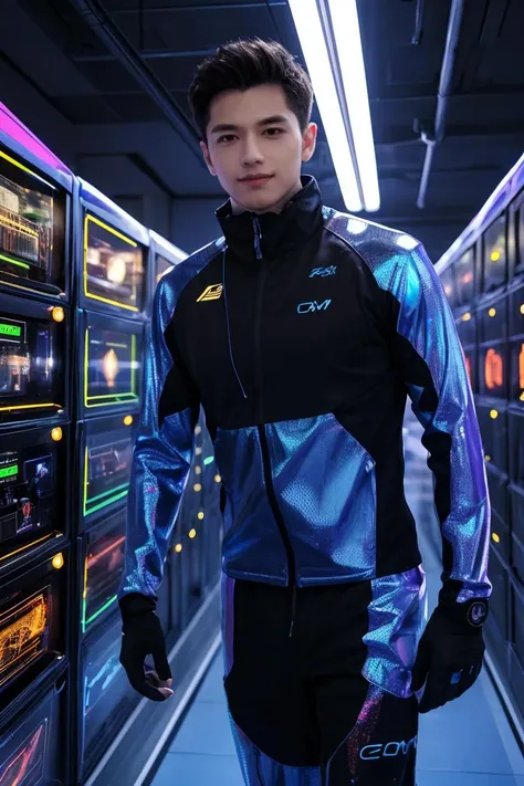 Cowboy Shot,<lora:more_details:0.3>,<lyco:GoodHands-beta2:1>,masterpiece, best quality:1.2,high detail,1 male,handsome,muscular male,  looking at viewer, solo, (full body:0.6), detailed background, detailed face,  hacker, smirk, advanced technology, techwear, cables, (holographic display:1.05), computer, server room in background, orange lights,