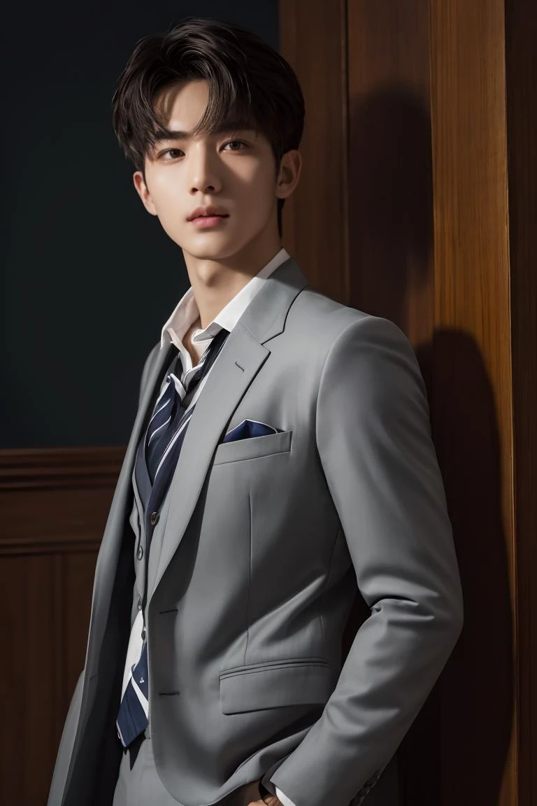 <lora:more_details:0.3>,<lyco:GoodHands-beta2:1>,masterpiece, best quality,high detail,1 male,handsome,rugged yet refined appearance, fair complexion with boy-next-door charm, precise details, blazer, slim-fit trousers, tie, finely detailed background, Depth of Field, VFX,cinematic shot