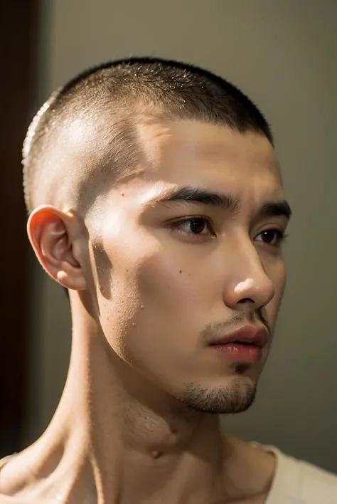 (masterpiece, best quality:1.3), realistic, 1man, upper body, short hair, (Buzz Cut:1.3),