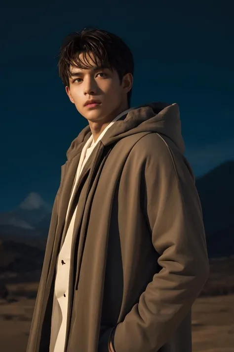 Cowboy Shot,<lora:more_details:0.3>,<lyco:GoodHands-beta2:1>,masterpiece, best quality:1.2,high detail,1 male,handsome,muscular male, groomed appearance, finely detailed eyes and face, lean body, distinguished and mature with a touch of ruggedness, tanned skin, violet eyes, brunette solo, upper body, Dark Sand Brown northern warrior, (glowing eyes:1), sdynamic pose, hooded robe, feather coat, cold, stormy background, mountain in background low light, dark night, epic atmosphere, Depth of Field,