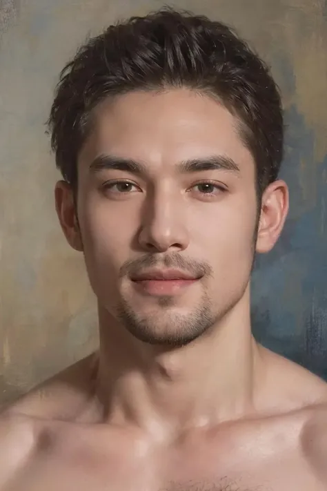 OIL PAINTING,IMPRESSIONISM,one male, (looking at viewer), (head shot:1.7) (portrait:1.7), Very detailed manly face, heroic, detailed realistic open eyes, (muscular:1.5), (big muscles), (massive pecs), (hairy pecs), narrow waist and hips, (slight smile), (shirtless) (topless male). highly detailed, high quality, masterpiece,<lora:bichu-v0612 :0.6> BICHU