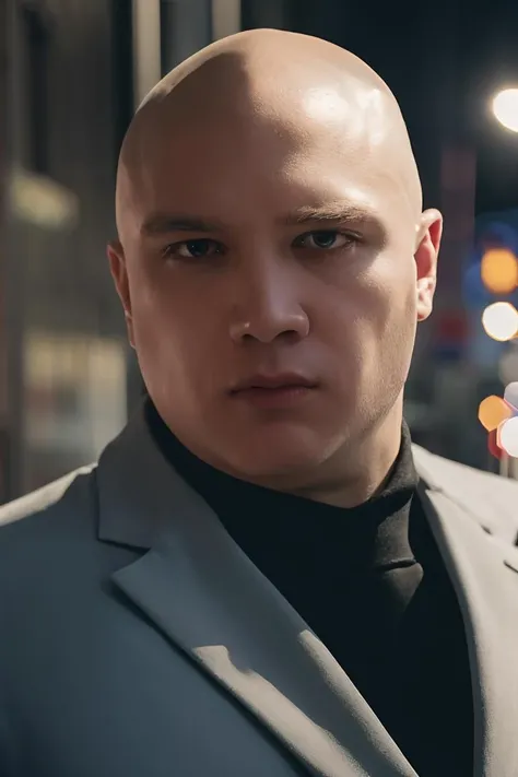 cinematic photo a kingpin of crime As Kingpin/Wilson Fisk,a powerful mob boss in New York City and a thorn in the side of Spider-Man,Daredevil,and other heroes.,Bald head and white suit,reflecting his cool demeanor and control over the criminal underworld. . 35mm photograph,film,bokeh,professional,4k,highly detailed,<lora:PrettyBoyV2:0.8>,<lora:lyco_humans_v10:0.7>,