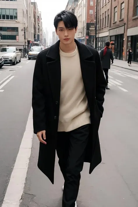 <lora:more_details:0.3>,<lora:GoodHands-beta2:1>,1boy,one handsome man,Asian,(head turned, looking at viewer:1.5),(short black hair:1.3),perfect hands,five fingers on each hand,black boots,(long coat, black pants:1.3),muscular,(walking on the street:1.5),street,day,daytime,natural lighting,outdoor,best quality,masterpiece,ultra highres,photorealistic,realistic,