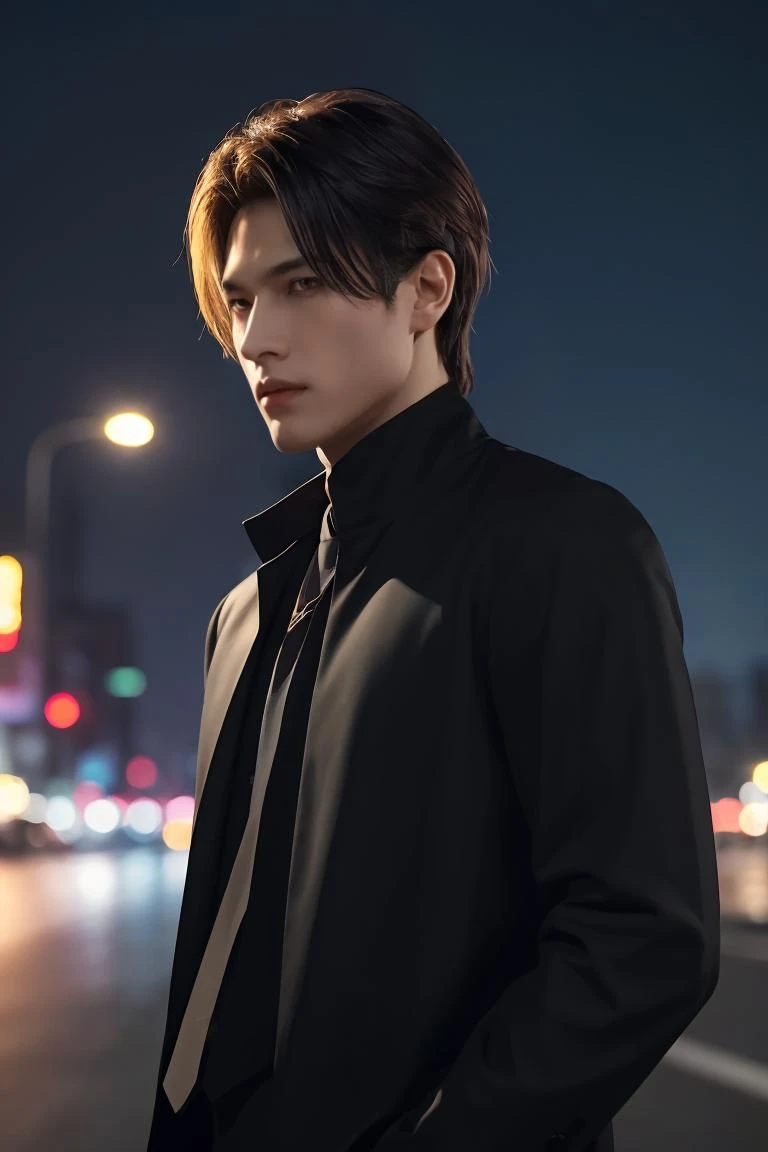 (best quality, masterpiece, official art, highres:1.2), extremely detailed CG unity 8k wallpaper, closeup face photo of caucasian man in black clothes, night city street, bokeh