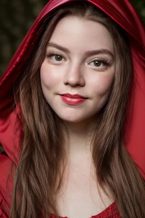 masterpiece, stunning closeup portrait photo of (atyj:1.0), (dressed as red riding hood), red top, (smiling), blushing, pale skin, <lora:Anya-Taylor-Joy_Dogu2:1>