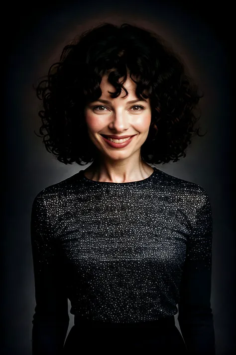 Beauty photo, upper body shot,
<lora:FranDrescher_SD15_v1.0:.90> FranDrescher
curly bangs female in a dark theme
in style of Erik Johansson      
Whimsical, Surreal      Medium format, digital manipulation     Surreal, conceptual, whimsical, ((smile))