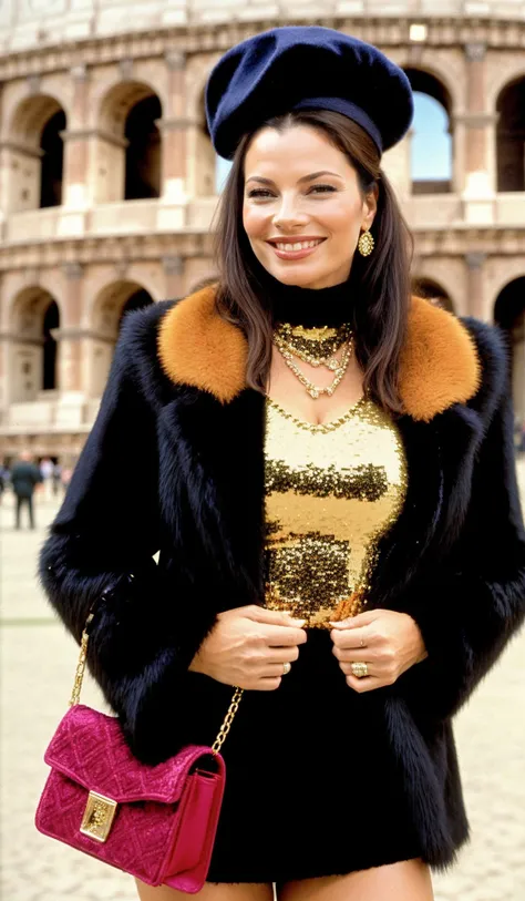 close up large format photo of a woman <lora:FranDrescher_SD15_v1.0:1> a Realistic (upper body shot:1.5) from the front angled profile photograph of a smiling FranDrescher wearing a stylish outfit with intricate details,
Sequined mini dress with leggings and a faux fur coat. Patterned tights, boots with multiple heel straps, arm warmers, and a beret with a loose ponytail. Layered necklaces and bracelets.
posing confidently in front of a colosseum ( modern italian design:1.2), captured at a low angle to emphasize the background's artistic appeal (plunging neckline:-1)
(bokeh:1.1), blurred background, RAW, analog style, sharp focus, 8k, ultra high resolution, DSLR, high quality, Fujifilm XT3, film grain, award winning, masterpiece