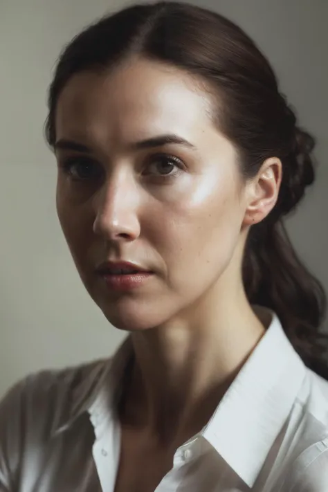 portrait photo of lhn,(white shirt), (brown hair), hair in a ponytail,  alluring portrait, intricate, highly detailed, digital painting, artstation, concept art, naughty, sharp focus, cinematic lighting, illustration, art by artgerm and greg rutkowski, alphonse mucha, cgsociety, <lyco:LisaHannigan-RealVision-V1.0:1.0>