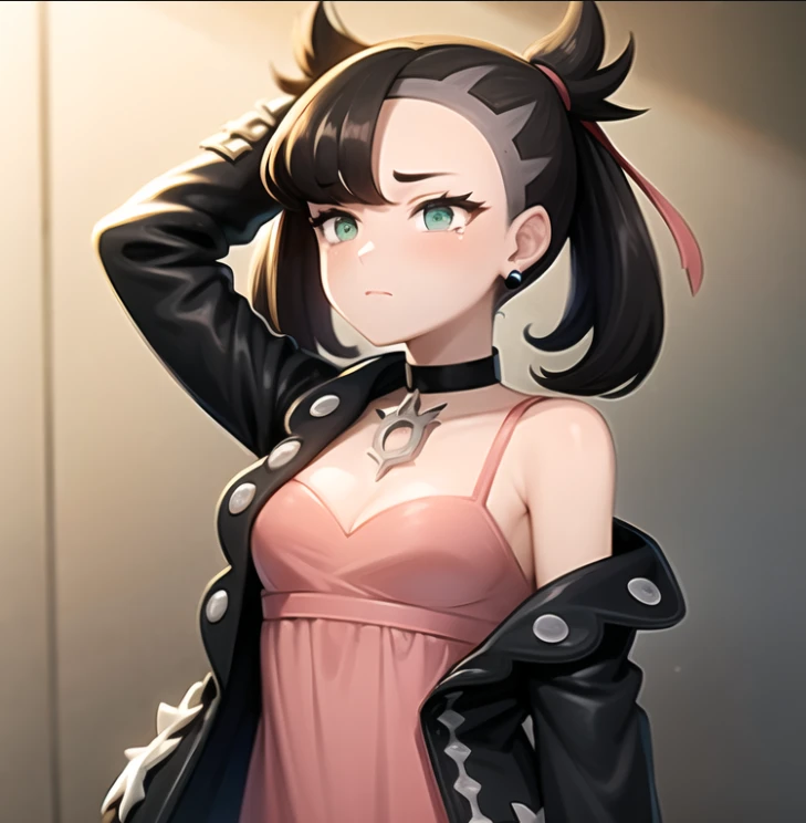 beautiful, masterpiece, best quality, extremely detailed face,  perfect lighting, 1girl, solo, sketch, <lora:Afrobull:0.3>, <lora:PokeMarnie:1>, marnie \(pokemon\), green eyes, arm up, asymmetrical hair, bare shoulders, black choker, black jacket, blurry background, blush, breasts, choker, cleavage, closed mouth, collarbone, dress, jacket, jewelry, long hair, long sleeves, off shoulder, open clothes, open jacket, pink dress, single bare shoulder, small breasts, solo, tears,  undercut, upper body