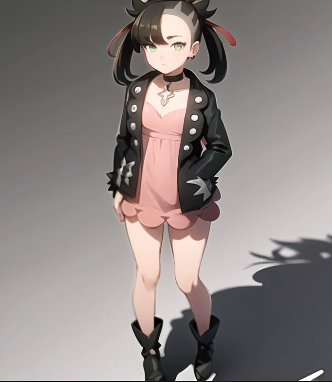 beautiful, masterpiece, best quality, extremely detailed face,  perfect lighting, 1girl, solo, sketch, <lora:Afrobull:0.3>, <lora:PokeMarnie:1>, marnie \(pokemon\), green eyes, black choker, black footwear, black jacket, boots, choker, closed mouth, collarbone, dress, from above, full body, holding, holding poke ball, jacket, jewelry, long sleeves, looking at viewer, open clothes, open jacket, pink dress, poke ball, poke ball \(basic\), simple background, solo, standing, undercut, white background