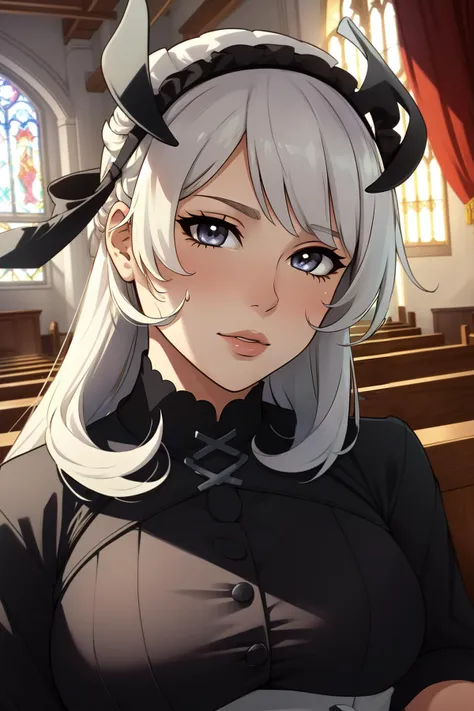 (masterpiece, best quality),  intricate details,
1girl,   <lora:Chamber_Dragonmaid_YGO:0.8> Chamber_Dragonmaid_YGO, white hair, black dress, 
sweating, 
indoors, church, sitting, pew,