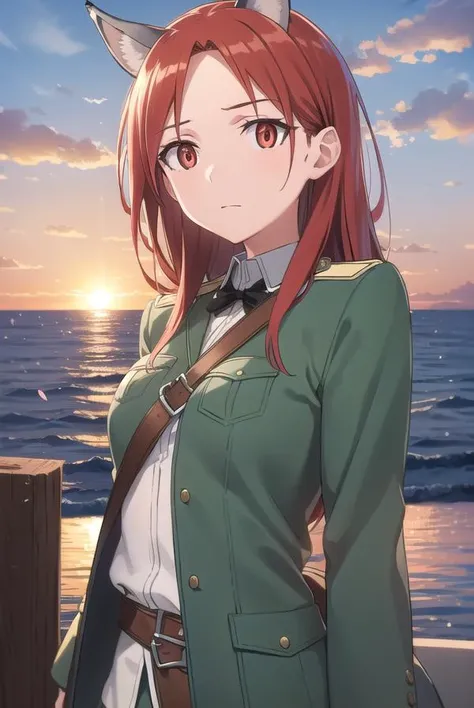 minnadietlindewilcke, <lora:minna dietlinde wilcke anime-lora-nochekaiser:1>,
minna dietlinde wilcke, long hair, (red eyes:1.3), animal ears, red hair, wolf ears, wolf tail, wolf girl,
BREAK uniform, military, military uniform,
BREAK outdoors, ship, ocean, sun, sky, clouds,
BREAK looking at viewer, (cowboy shot:1.5),
BREAK <lyco:GoodHands-beta2:1>, (masterpiece:1.2), best quality, high resolution, unity 8k wallpaper, (illustration:0.8), (beautiful detailed eyes:1.6), extremely detailed face, perfect lighting, extremely detailed CG, (perfect hands, perfect anatomy),